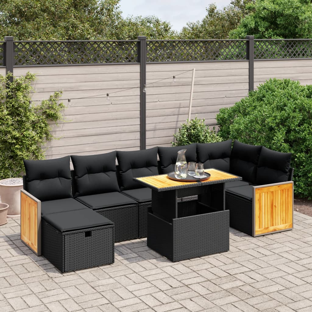 Salon de jardin 8 pcs avec coussins noir résine tressée