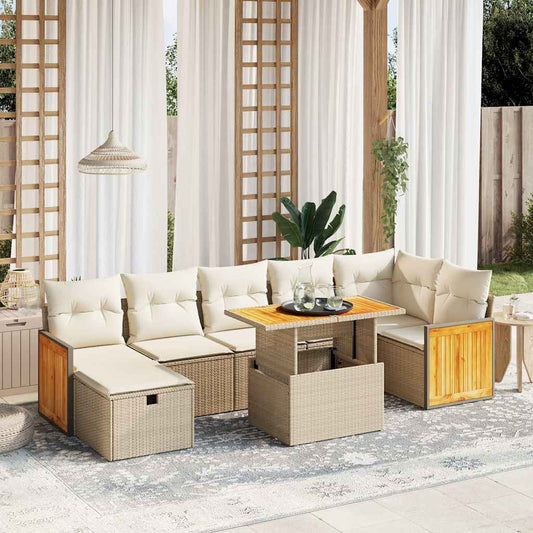 Salon de jardin avec coussins 8 pcs beige résine tressée