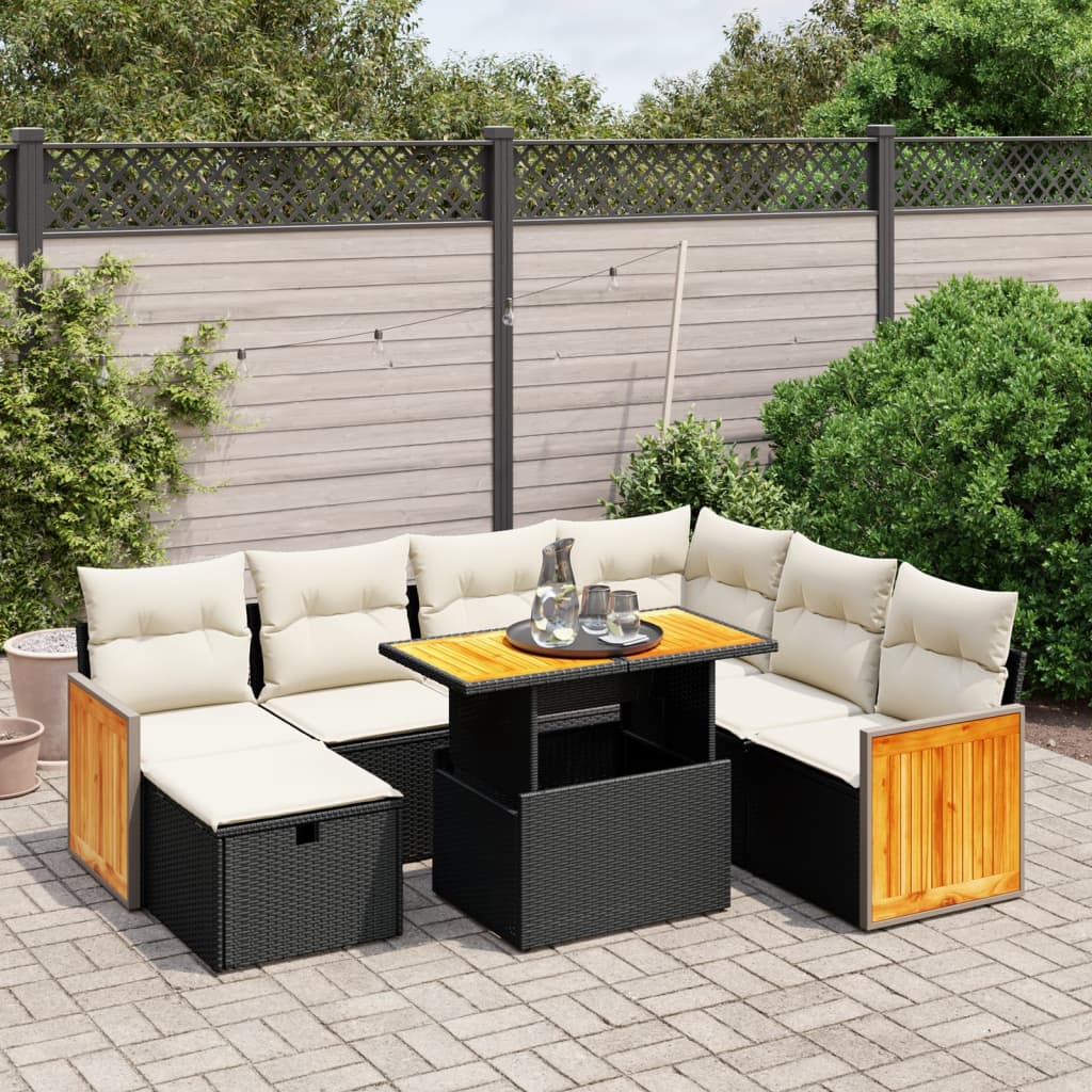 Salon de jardin 8 pcs avec coussins noir résine tressée