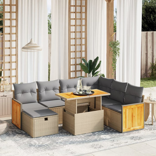 Salon de jardin avec coussins 8 pcs beige résine tressée