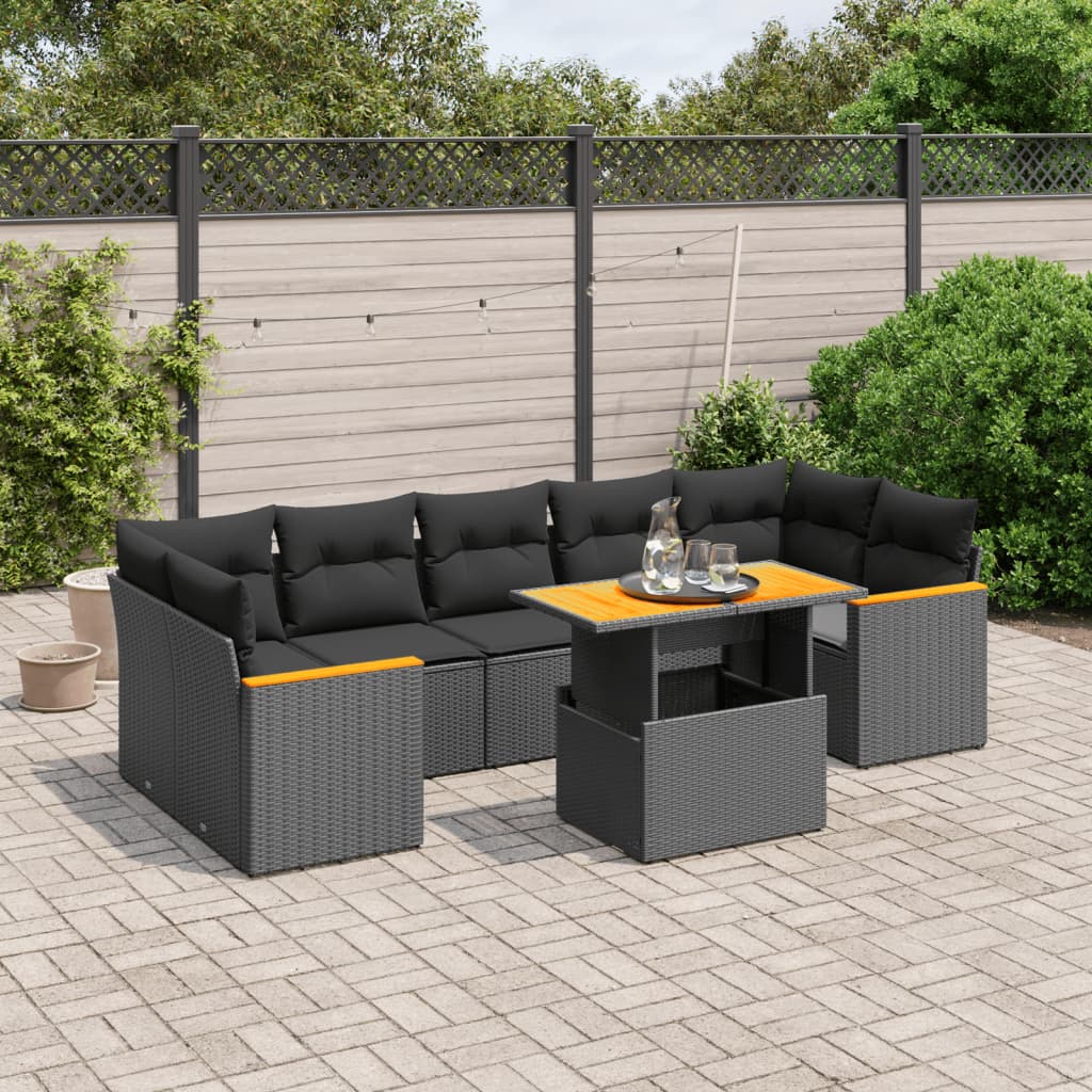 Salon de jardin 8 pcs avec coussins noir résine tressée