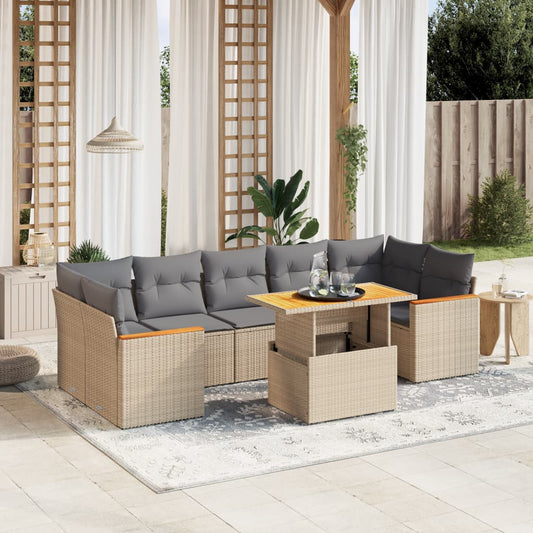 Salon de jardin avec coussins 8 pcs beige résine tressée