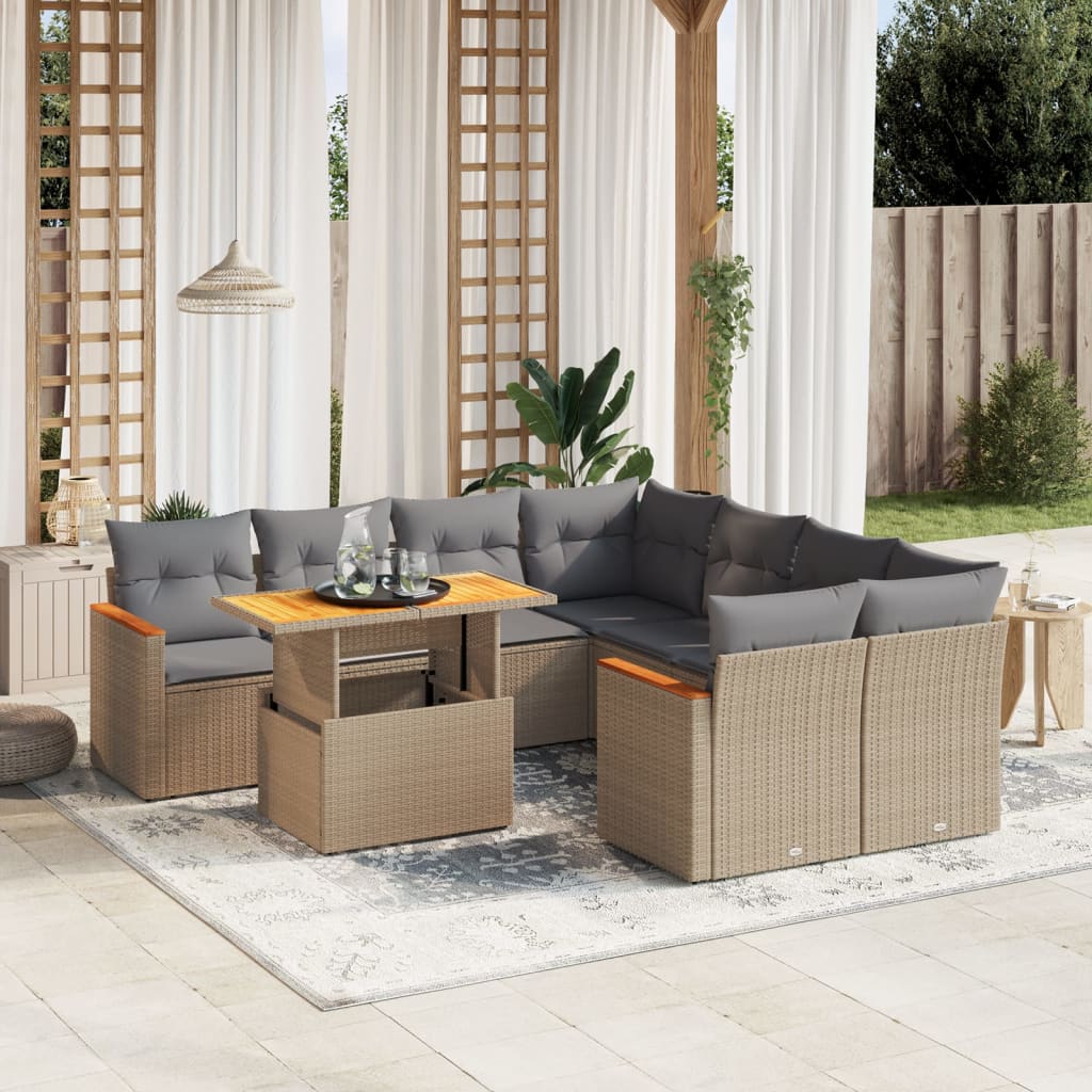 Salon de jardin avec coussins 9 pcs beige résine tressée