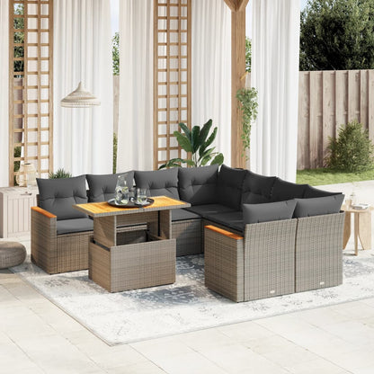 Salon de jardin 9 pcs avec coussins gris résine tressée