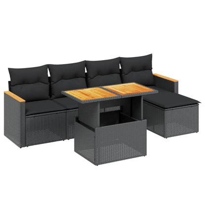 Salon de jardin 6 pcs avec coussins noir résine tressée