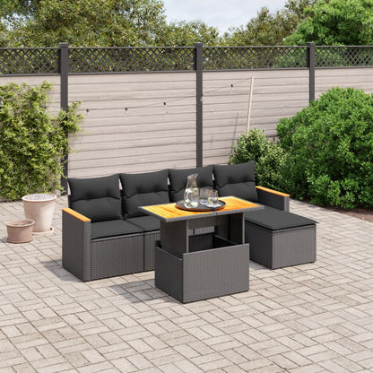 Salon de jardin 6 pcs avec coussins noir résine tressée