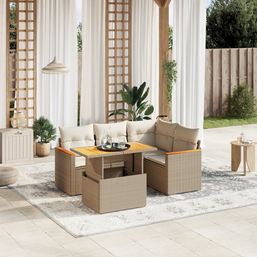 Salon de jardin avec coussins 5 pcs beige résine tressée