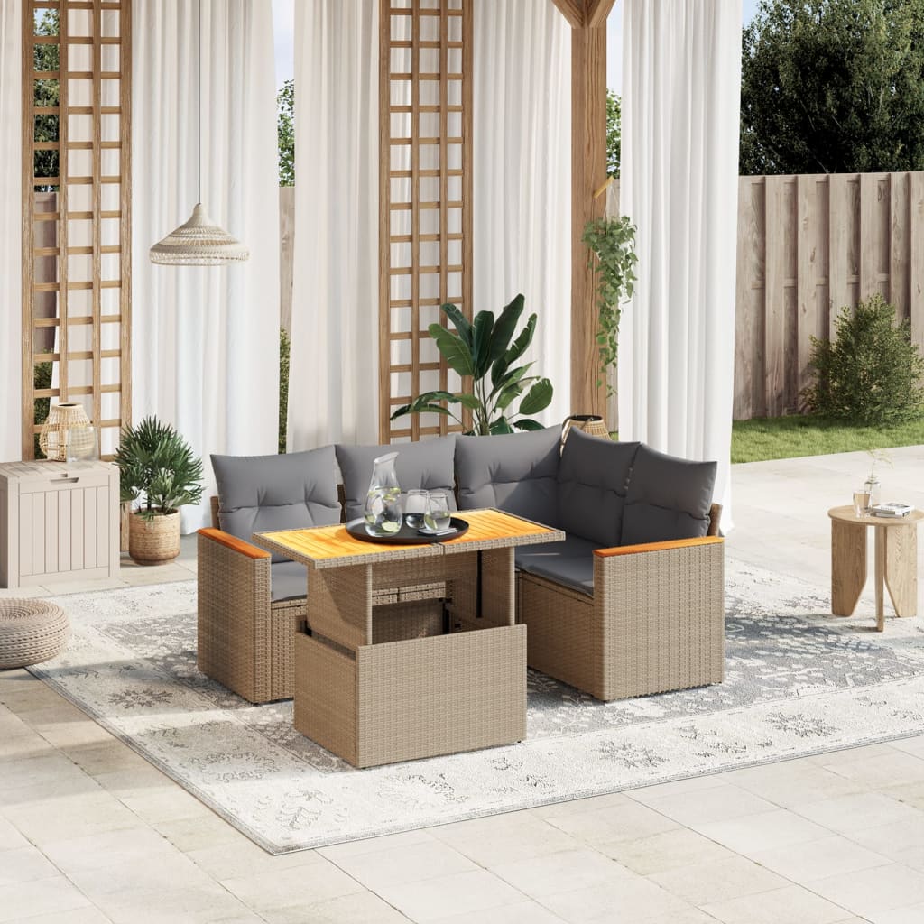 Salon de jardin avec coussins 5 pcs beige résine tressée