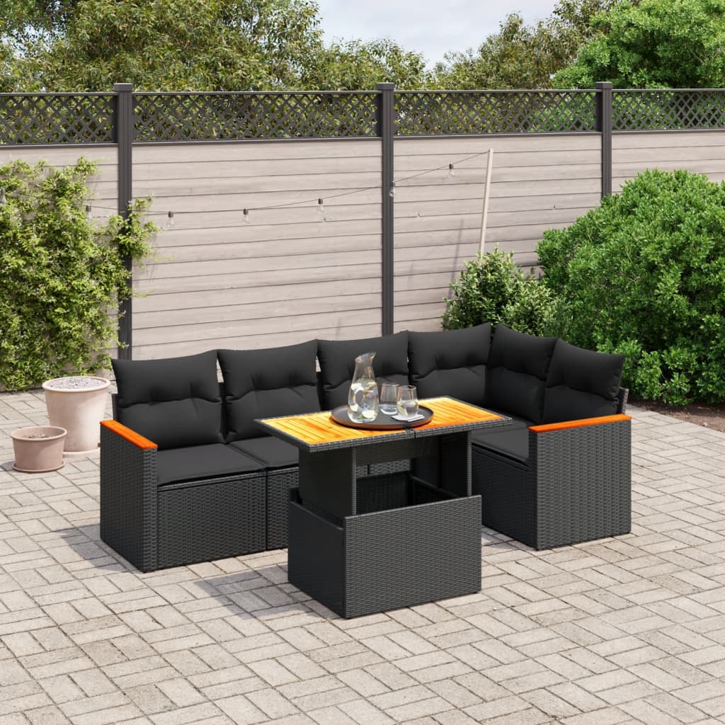 Salon de jardin 6 pcs avec coussins noir résine tressée