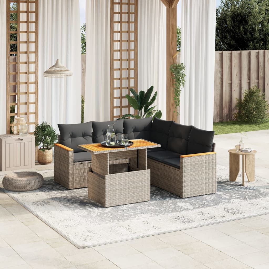 Salon de jardin 6 pcs avec coussins gris résine tressée