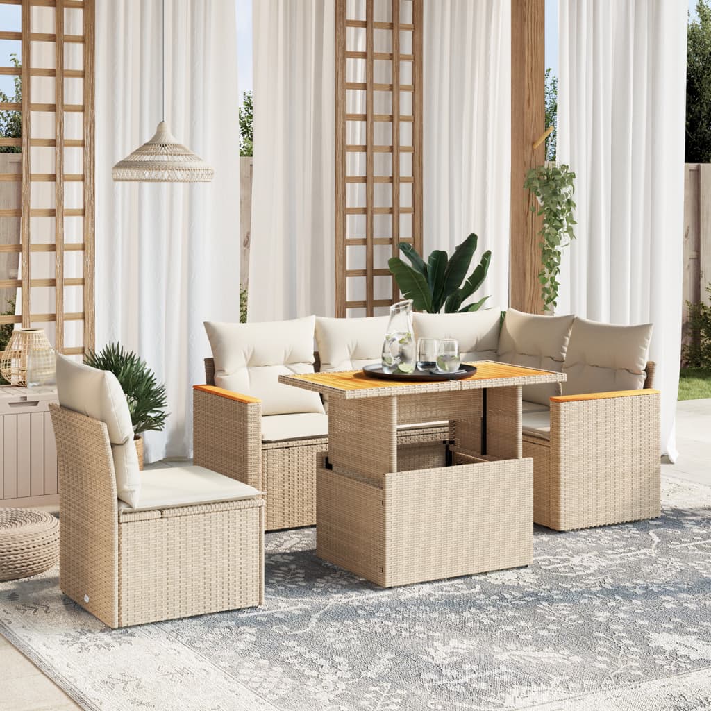 Salon de jardin avec coussins 6 pcs beige résine tressée