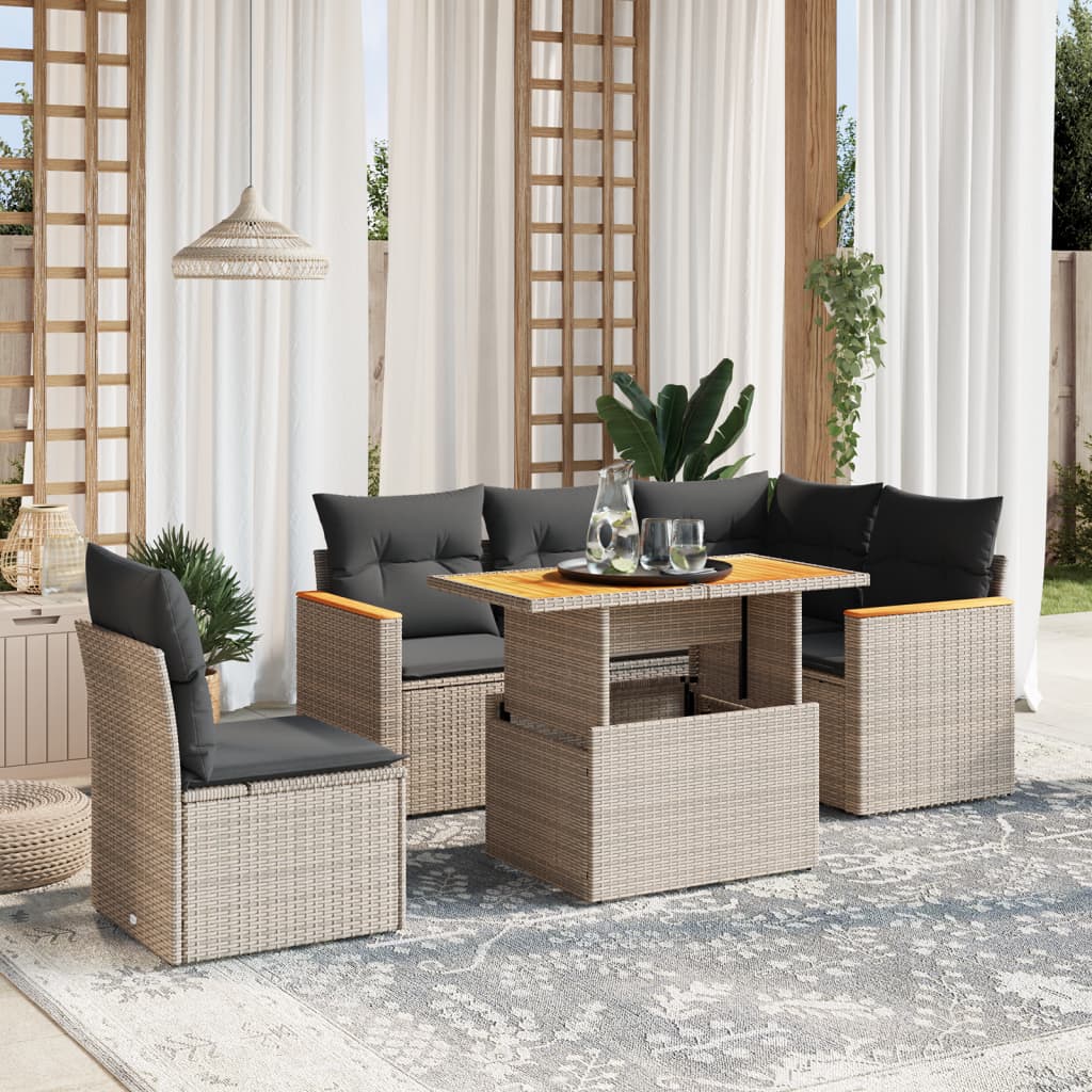 Salon de jardin 6 pcs avec coussins gris résine tressée