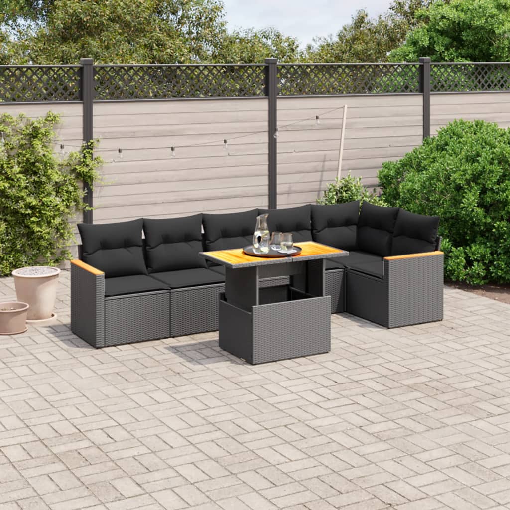 Salon de jardin 7 pcs avec coussins noir résine tressée