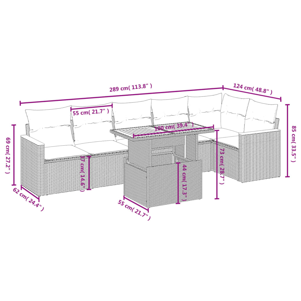 Salon de jardin avec coussins 7 pcs gris résine tressée