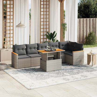 Salon de jardin avec coussins 7 pcs gris résine tressée