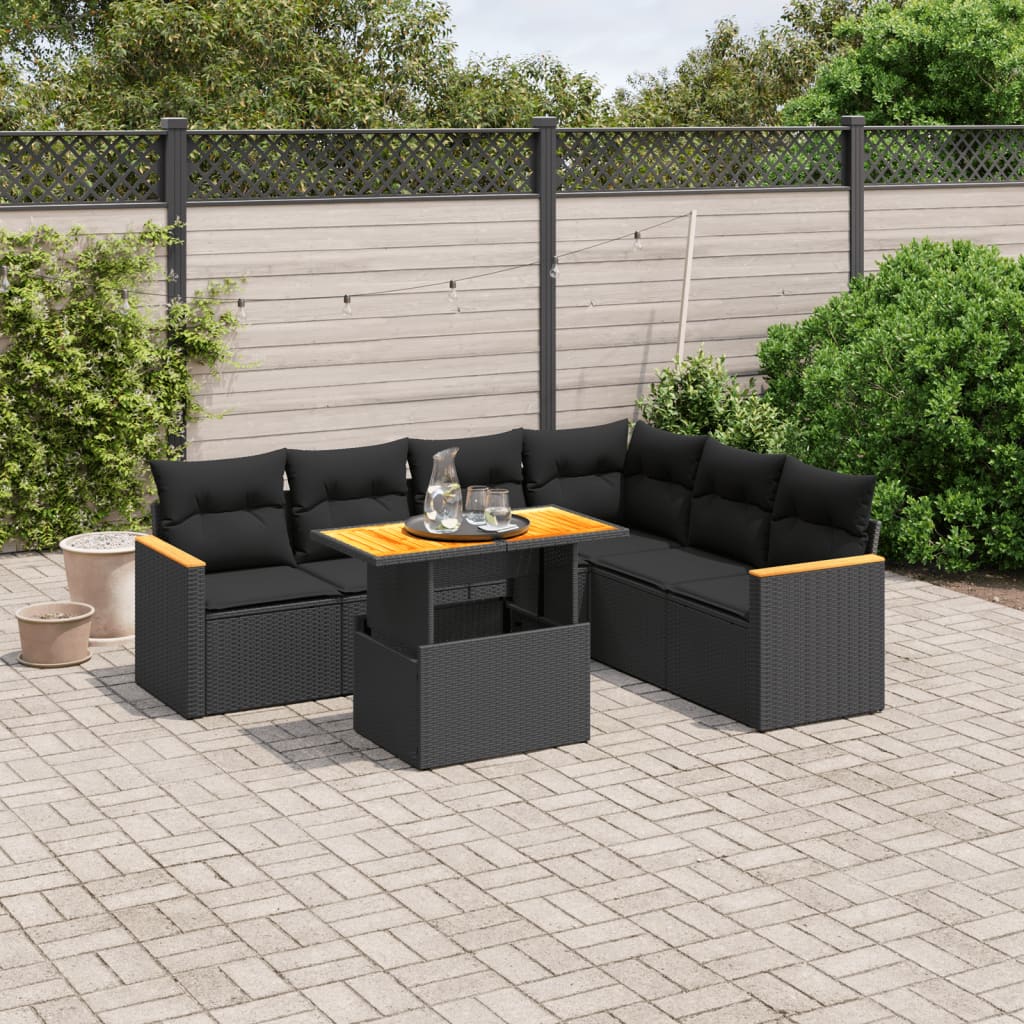 Salon de jardin 7 pcs avec coussins noir résine tressée