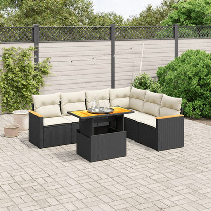 Salon de jardin 7 pcs avec coussins noir résine tressée