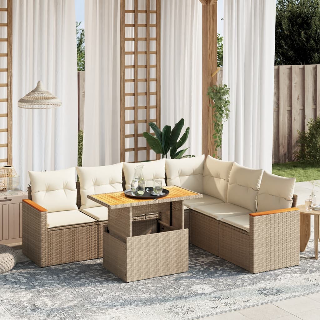 Salon de jardin avec coussins 7 pcs beige résine tressée