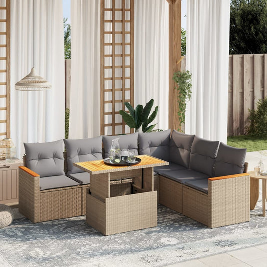 Salon de jardin avec coussins 7 pcs beige résine tressée