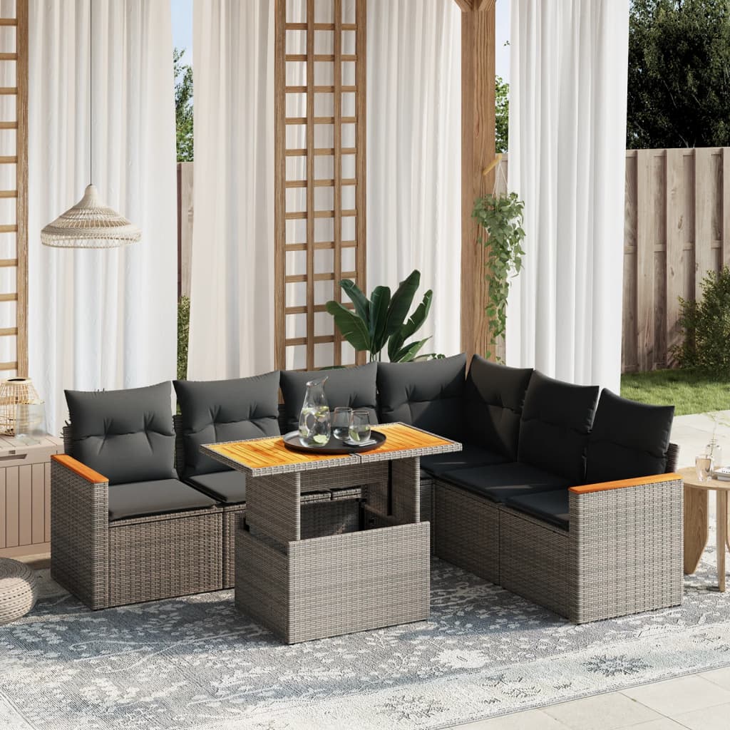 Salon de jardin avec coussins 7 pcs gris résine tressée