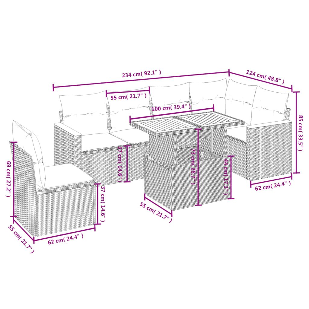 Salon de jardin avec coussins 7 pcs beige résine tressée