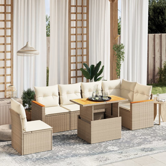 Salon de jardin avec coussins 7 pcs beige résine tressée