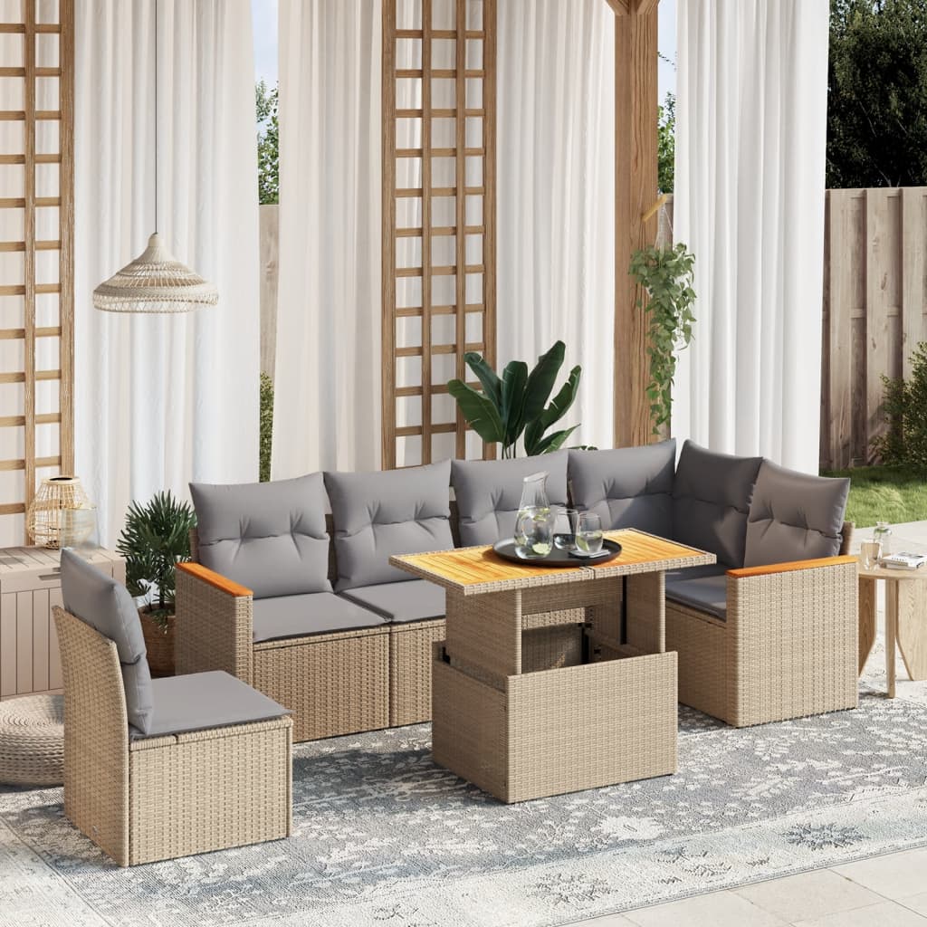 Salon de jardin avec coussins 7 pcs beige résine tressée