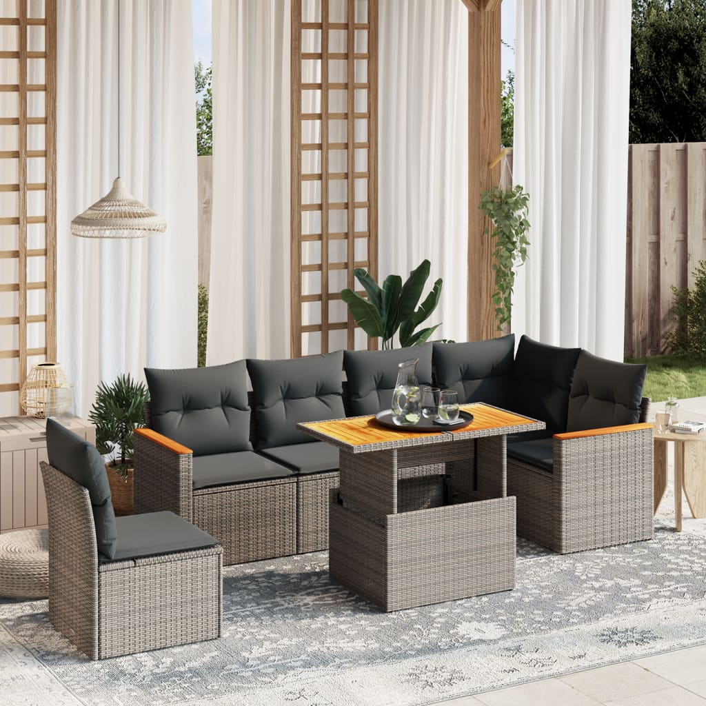 Salon de jardin avec coussins 7 pcs gris résine tressée