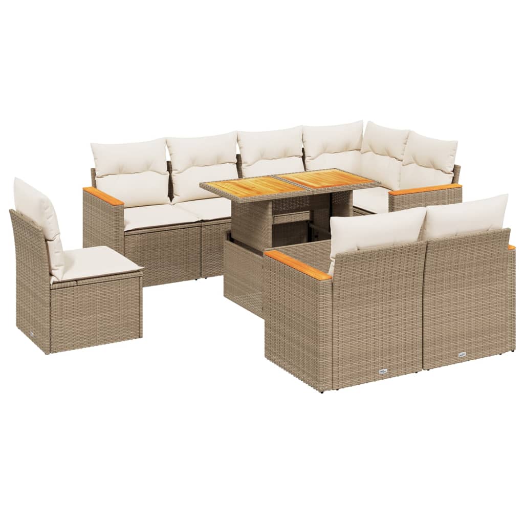 Salon de jardin avec coussins 9 pcs beige résine tressée