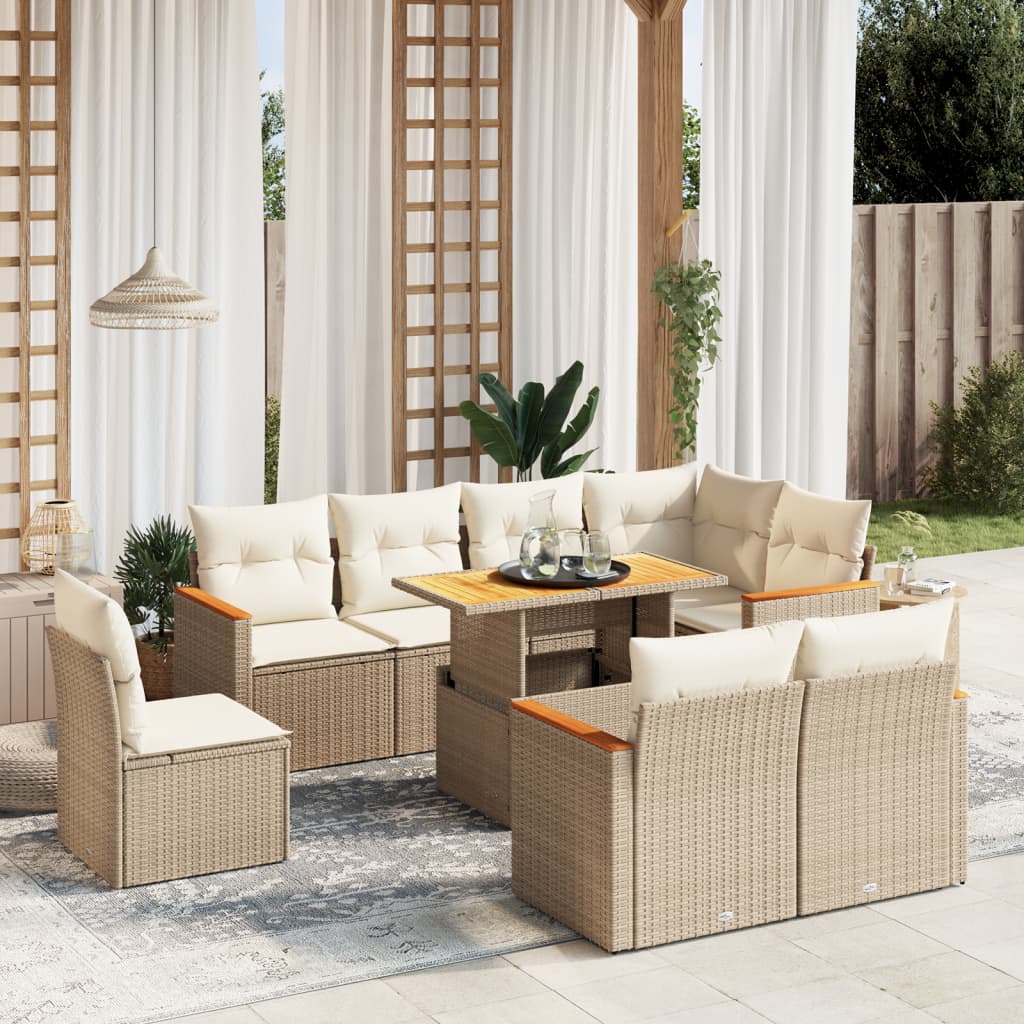 Salon de jardin avec coussins 9 pcs beige résine tressée