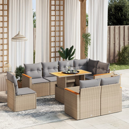 Salon de jardin avec coussins 9 pcs beige résine tressée