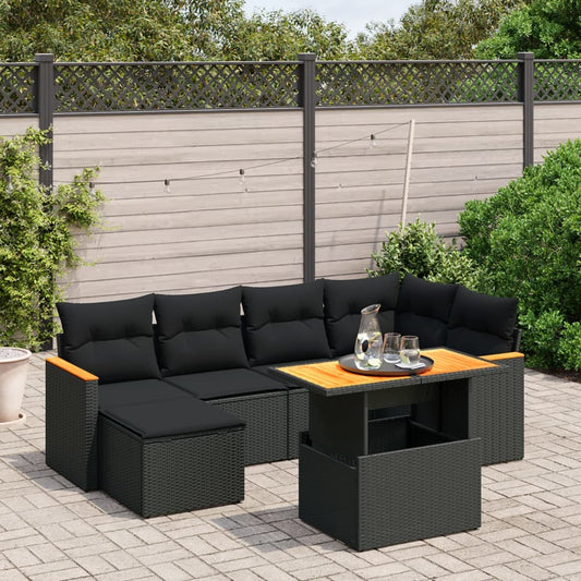 Salon de jardin 7 pcs avec coussins noir résine tressée