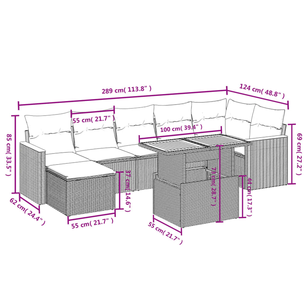 Salon de jardin avec coussins 8 pcs beige résine tressée