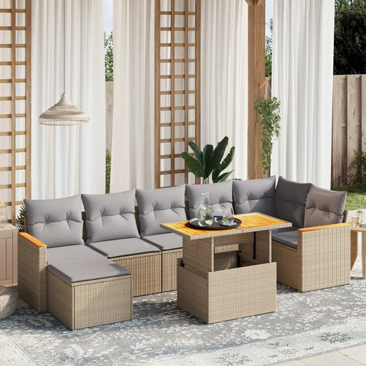 Salon de jardin avec coussins 8 pcs beige résine tressée