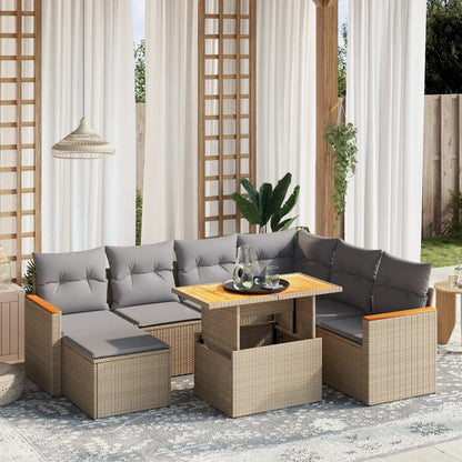 Salon de jardin avec coussins 8 pcs beige résine tressée