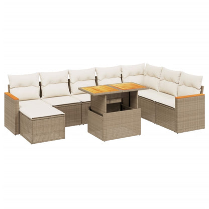 Salon de jardin avec coussins 9 pcs beige résine tressée