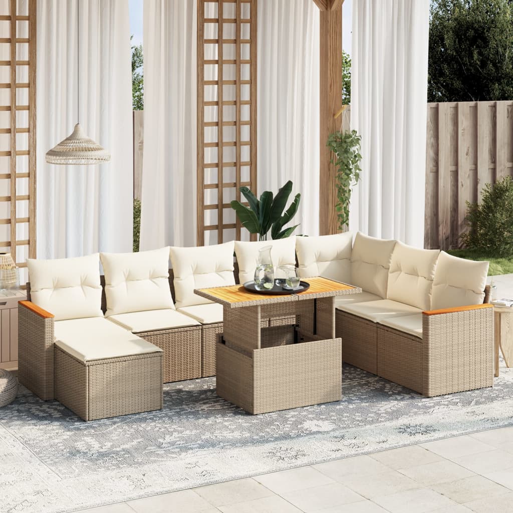 Salon de jardin avec coussins 9 pcs beige résine tressée