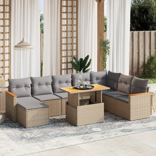 Salon de jardin avec coussins 9 pcs beige résine tressée