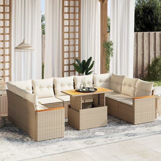 Salon de jardin avec coussins 10 pcs beige résine tressée