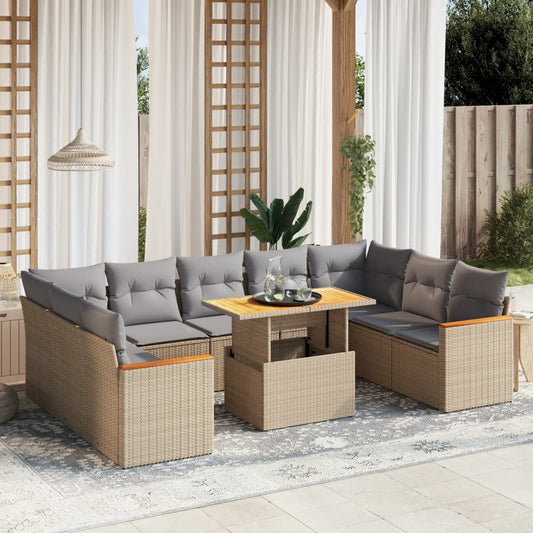 Salon de jardin avec coussins 10 pcs beige résine tressée