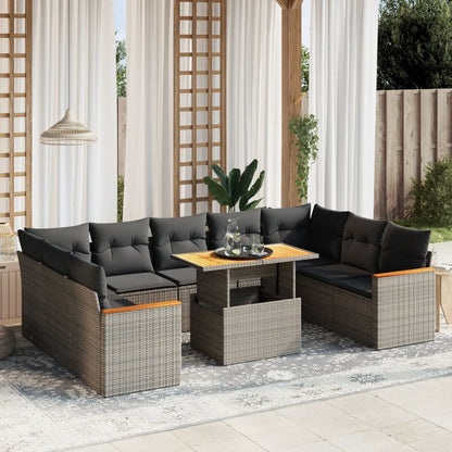 Salon de jardin avec coussins 10 pcs gris résine tressée