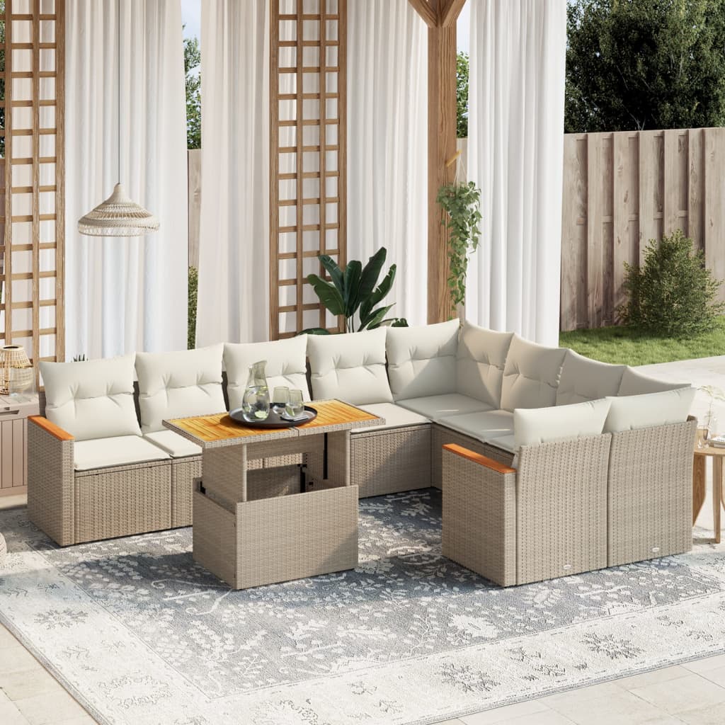 Salon de jardin avec coussins 10 pcs beige résine tressée