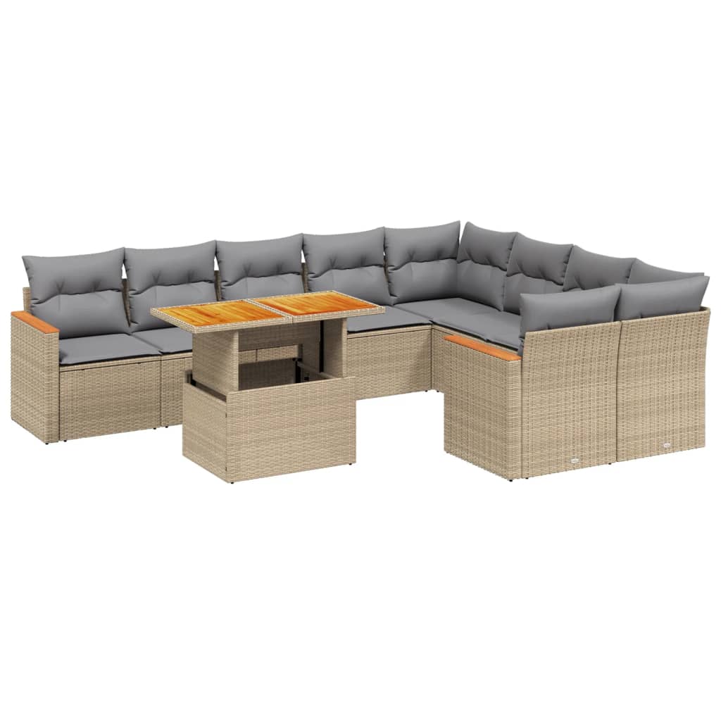 Salon de jardin avec coussins 10 pcs beige résine tressée