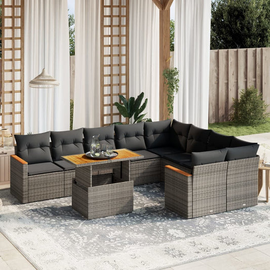 Salon de jardin avec coussins 10 pcs gris résine tressée