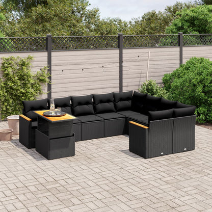 Salon de jardin 10 pcs avec coussins noir résine tressée