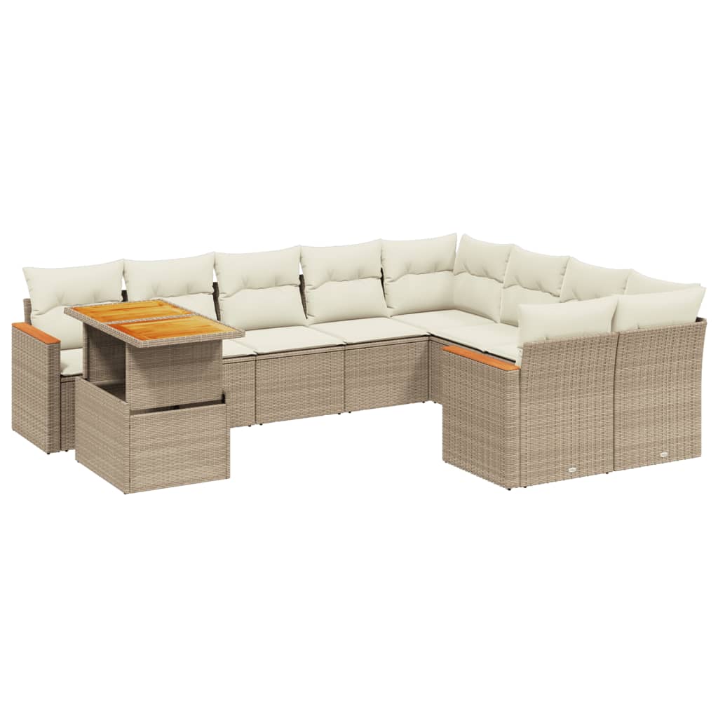 Salon de jardin avec coussins 10 pcs beige résine tressée