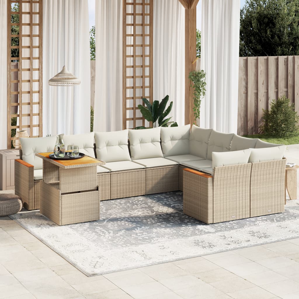 Salon de jardin avec coussins 10 pcs beige résine tressée