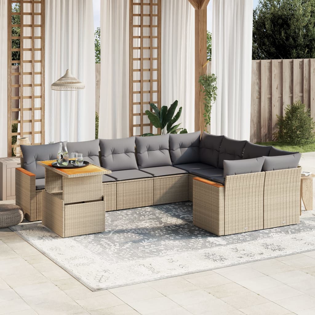 Salon de jardin avec coussins 10 pcs beige résine tressée