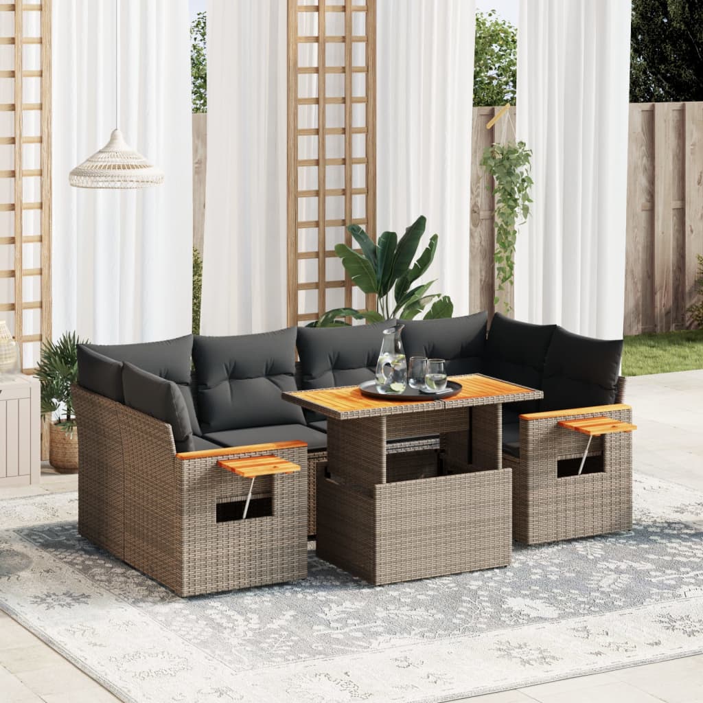 Salon de jardin avec coussins 7 pcs gris résine tressée