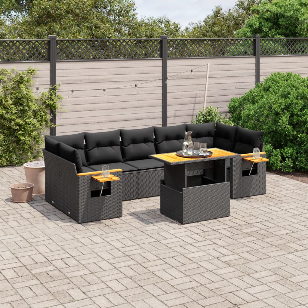 Salon de jardin 8 pcs avec coussins noir résine tressée